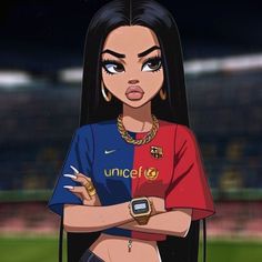 a woman with long black hair wearing a red and blue shirt standing in front of a soccer field