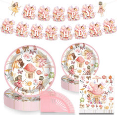 a pink birthday party set with fairy decorations and paper plates, napkins and cupcake toppers