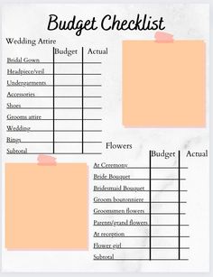 the wedding budget checklist is shown in two separate sections, with each section labeled