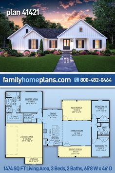 two story house plan with 3 bedroom and 2 bathrooms in the front, an open floor plan