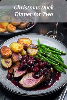 Golden duck breast drizzled with a cherry-pinot noir reduction, a luxurious Christmas dinner for two. Dinner Ideas For Two, Crispy Duck, Christmas Dinner Ideas