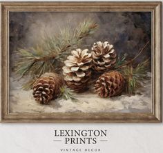 a painting of pine cones and needles on a white background with the words, lekington prints vintage decor