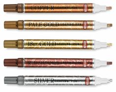 four pens with different types of writing on them, all in different colors and sizes