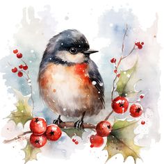 a watercolor painting of a bird on a branch with berries