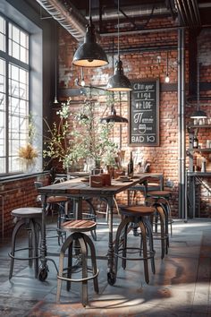 an industrial style dining room with brick walls and exposed ceilings, wooden tables and stools