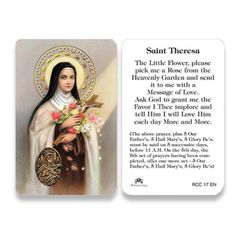 the saint theresa prayer card is shown