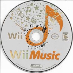 wii music cd disc with musical symbols on the front and back cover in orange, white, and black