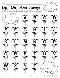 an upper and lowercase letter worksheet with hot air balloons in black and white