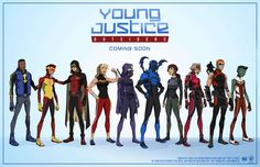 the young justice team is standing together in front of a blue background with text that reads young justice coming soon