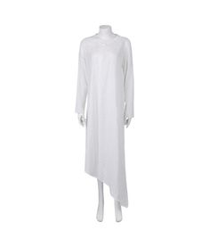 a white dress on a mannequin head and torso with long sleeves, asymmetric