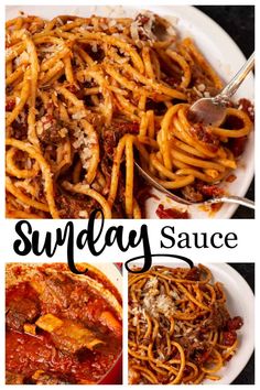 several different types of pasta with the words sunday sauce above them and below it is an image of spaghetti on a white plate