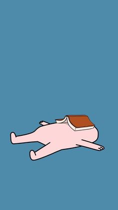 a cartoon character floating in the air with a book on his back and feet up