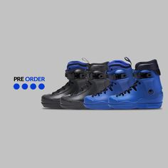 two pairs of blue and black skates with the words pre order on them in front of