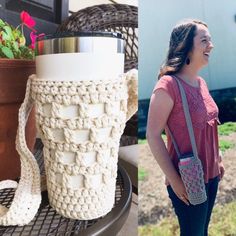 a woman standing next to a crocheted coffee cup holder and another photo of a woman smiling