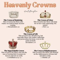 a poster with the names of heavenly crowns and their meanings in english, spanish, and french