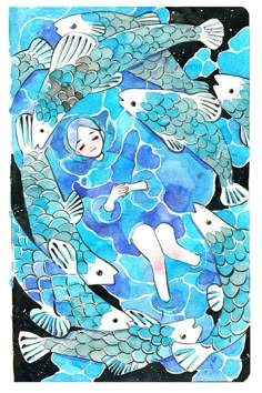 watercolor and ink drawing of a woman surrounded by fish in the ocean with blue hues