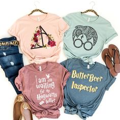 four harry potter t - shirts and one pair of flip flops