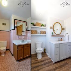 before and after photos of a bathroom remodel with wood flooring, pink tile