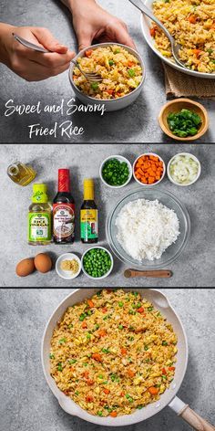 two pictures showing how to make an egg fried rice dish with peas and carrots