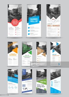 a set of brochures with different colors and shapes on the front, back and side