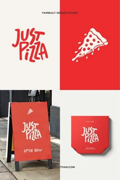 the logo for just pizza is red and white