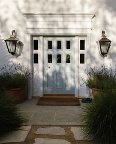 a white front door with two lights on each side and potted plants next to it