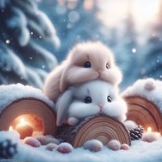 two rabbits are hugging each other in the snow