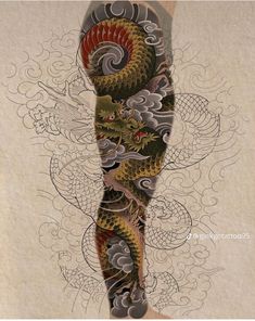 Dragon Tattoo Leg, Traditional Japanese Dragon, Traditional Japanese Tattoo Flash, Japanese Tattoo Words, Dragon Tattoo Drawing, Asian Dragon Tattoo, Hero Tattoo, Buddha Tattoo Design