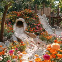 a slide in the middle of flowers and trees