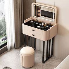 a dressing table with a mirror and stool