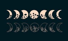 six phases of the moon with flowers and hearts in them on a black background illustration