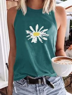 Floral-print Sleeveless Crew Neck Shirt & Top Chiffon Tank Tops, Sleeveless Shirts, Loose Top, Womens Tops Summer, Summer Tank Tops, Women Party, Loose Tops, Women Shirts Blouse, Crew Neck Shirt