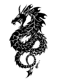 a black and white drawing of a dragon