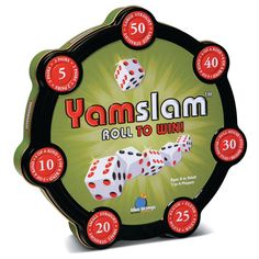 yamslam roll to win board game with numbers and dices on the front