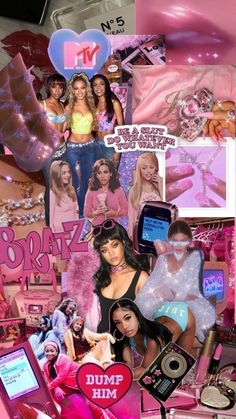 a collage of barbie dolls and other items is shown in this image with pink background