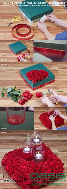 the instructions for how to make a rose centerpiece with candles and flowers in it