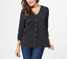 Button up in all the feel-good glory this Liquid Knit® shirt has to offer, like a too-cute print and flirty ruched sleeve openings. From Susan Graver. Ruched Sleeve, Susan Graver, All The Feels, Button Front Shirt, Knit Shirt, Shirt Blouses, Tunic Tops, Button Up, Top Blouse