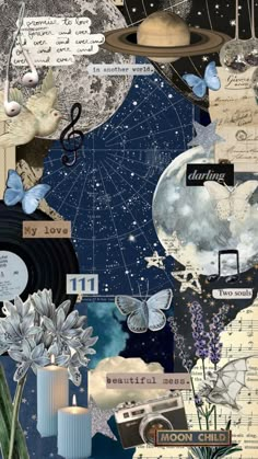 a collage of various items including flowers, butterflies and other things in the sky