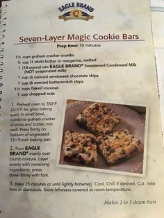 the menu for seven layer magic cookie bars