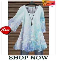 Women's Shirt Blouse Blue Beige Floral Print 3/4 Length Sleeve Daily Holiday Streetwear Crewneck Regular Xl Light Blue Half Sleeve Tops For Spring, Casual Light Blue Blouse With 3/4 Sleeves, Oversized Blue Tops With 3/4 Sleeves, Crewneck Streetwear, Light Blue 3/4 Sleeve Casual Blouse, Daily Holidays, Floral Print Shirt, Winter Blues, Women Shirts Blouse