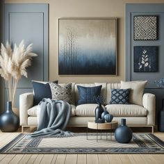 a living room with blue and white decor on the walls, couches, rugs and paintings