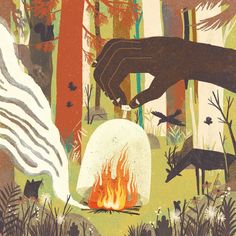 an illustration of animals and fire in the woods