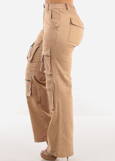 Khaki Color
Belt loops. Back elastic waistband. Denim. 
Straight. Zip up 1 button closure . Functional front pockets, 2 functional back pockets.  Stretchy Material made from 89% Cotton, 6% Polyester, 5% Spandex Machine wash cold; Tumble dry low Rise approx 11''. Inseam is 31''. Leg opening is 18". High Waist.   Imported
Measured from and model wearing size 5 
 SKU: 10891H_CD171KHK Wide Leg Cargo Jeans, Glamour Dress, Career Wear, Casual Blazer, Dressy Tops, Cargo Jeans, Khaki Color, Basic Tops, Jumper Dress