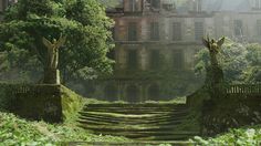 an old building with stairs leading up to it and trees growing on the ground in front of it