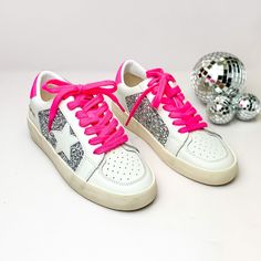 These sneakers are a dream come true! The Positivity sneakers include white laces, silver glitter detailing, and a hot pink star. Synthetic/Leather/Suede Slip-on styling No tie Traction signature outsole Fits true to size Includes a pair of hot pink laces Preppy Vintage Havana, Rush Shoes, Hot Pink Sneakers, Preppy Sneakers, Bright Sneakers, Hot Pink Shoes, Rush Week, Trendy Shoes Sneakers, Preppy Shoes