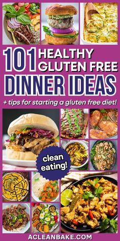 the cover of 101 healthy gluten - free dinner ideas, with pictures of different dishes