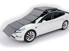 a white car with a solar panel on the roof is shown in this image, it appears to be an electric vehicle