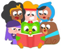 an animated group of people reading a book