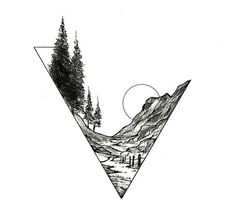 a triangle with trees and mountains in the middle is drawn by hand on white paper