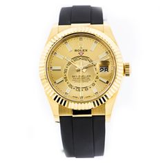 Rolex Sky-Dweller 42mm Yellow Gold Champagne Index Dial & Fluted Bezel 326238-Da Vinci Fine Jewelry Sky Dweller, Swiss Luxury, Swiss Luxury Watches, Annual Calendar, Rolex Watches For Men, Rubber Bracelets, Gold Case, Champagne Gold, Black Rubber